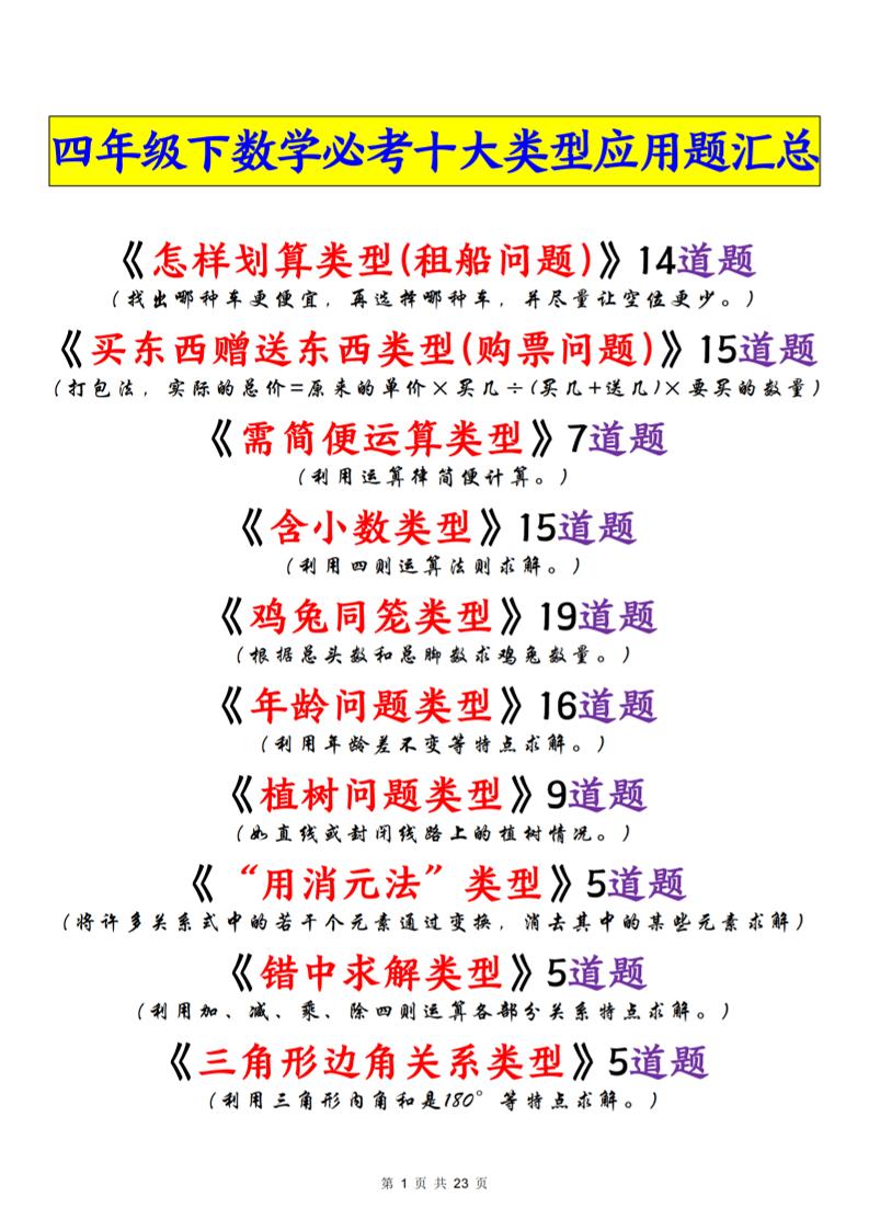四年级下数学必考十大类型应用题汇总