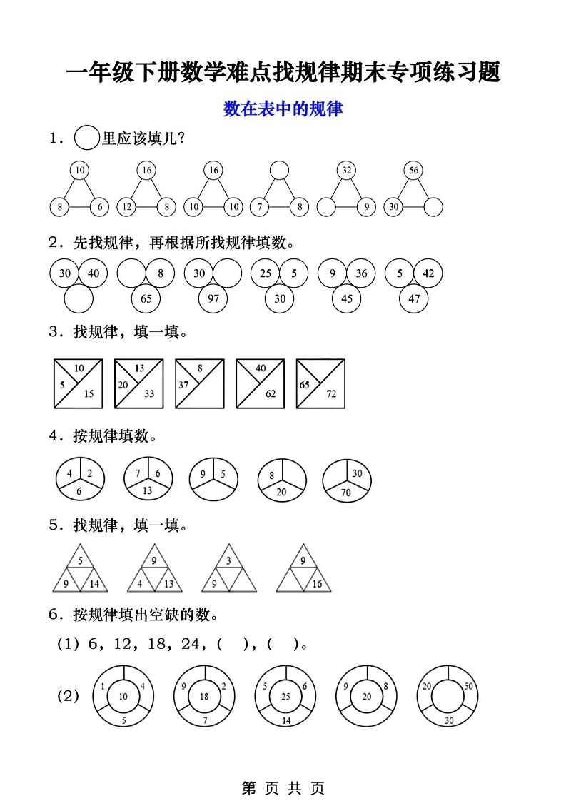 一年级下数学找规律专项练习