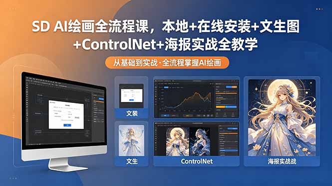 SD AI绘画全流程课，本地+在线安装+文生图+ControlNet+海报实战全教学
