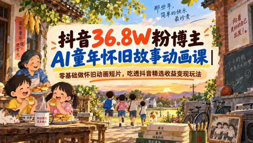 抖音36.8W粉博主AI童年怀旧故事动画课|零基础做怀旧动画短片,吃透抖音精选收益变现玩法