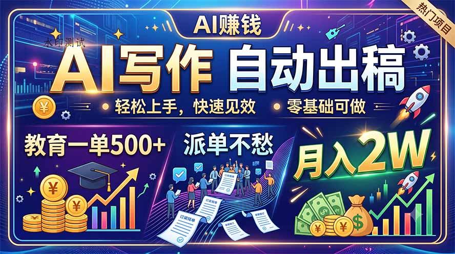 AI写作自动出稿，教育一单500+，派单不愁，月入2W