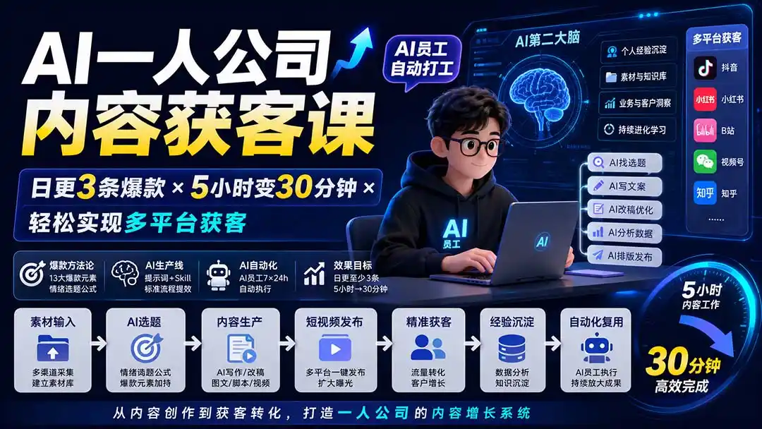 AI一人公司内容获客课-更新8月:日更3条爆款×5小时变30分钟×AI员工自动打工,轻松实现多平台获客