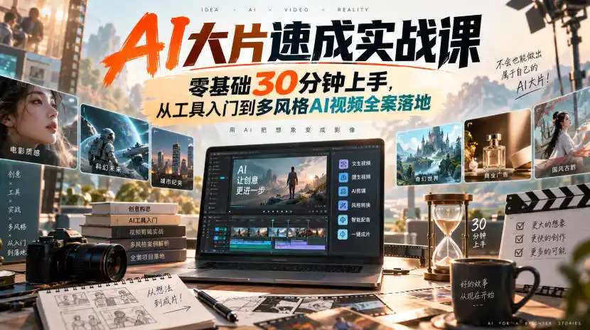 AI大片速成实战课｜零基础30分钟上手，从工具入门到多风格AI视频全案落地