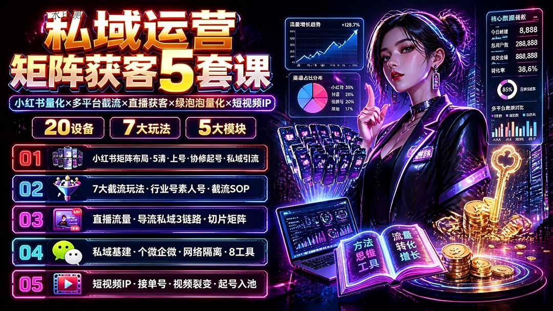 私域运营矩阵获客5套课:小红书量化×多平台截流×直播获客×绿泡泡量化×短视频IP×20设备×7大玩法