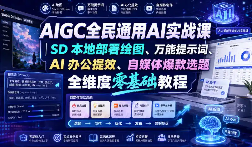 AIGC全民通用AI实战课|SD本地部署绘图、万能提示词、AI办公提效、自媒体爆款选题全维度零基础教程