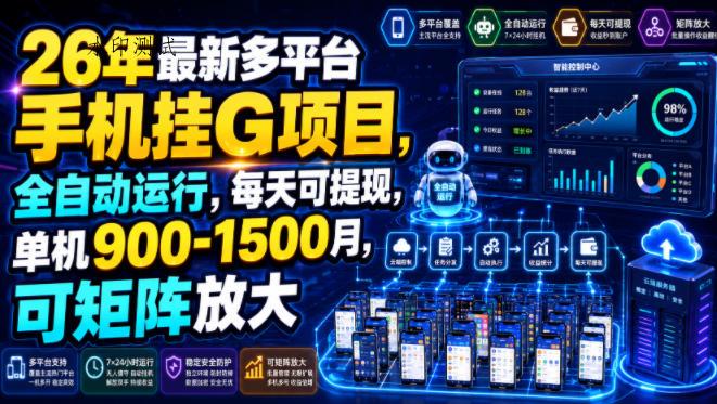 26年最新多平台手机挂G项目，全自动运行，每天可提现，单机900-1500月，可矩阵放大【揭秘】