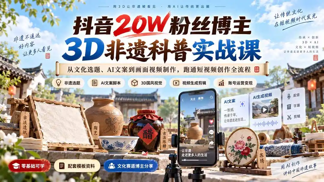 抖音20W粉丝博主3D非遗科普实战课:从文化选题、AI文案到画面视频制作,跑通短视频创作全流程