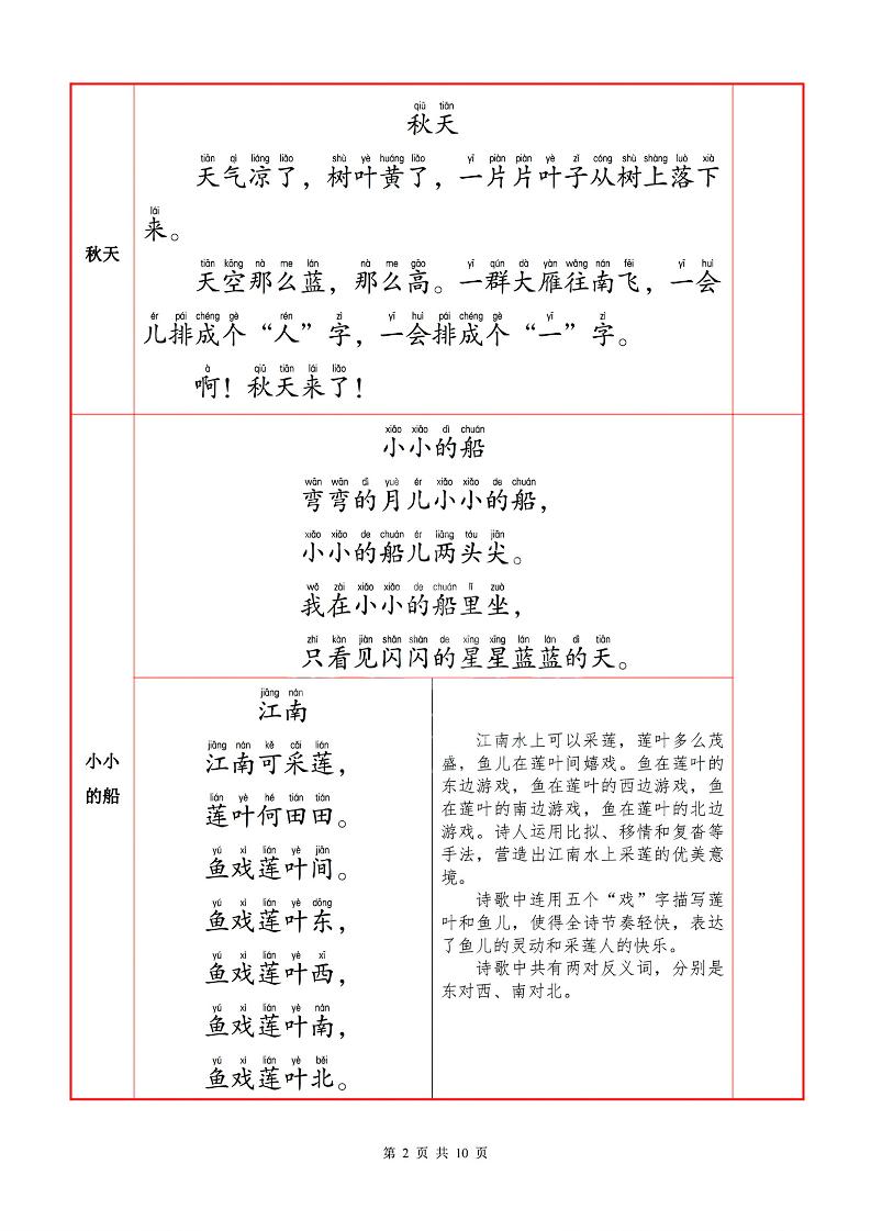 一上语文必背内容+默写表