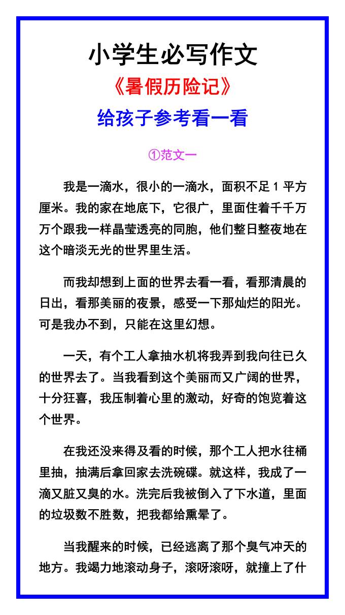 小学生必写作文《暑假历险记》范文素材-小升初语文