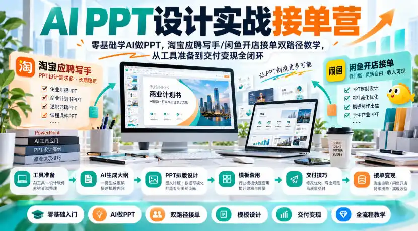 AI PPT设计实战接单营|零基础学AI做PPT,淘宝应聘写手/闲鱼开店接单双路径教学,从工具准备到交付变现全闭环