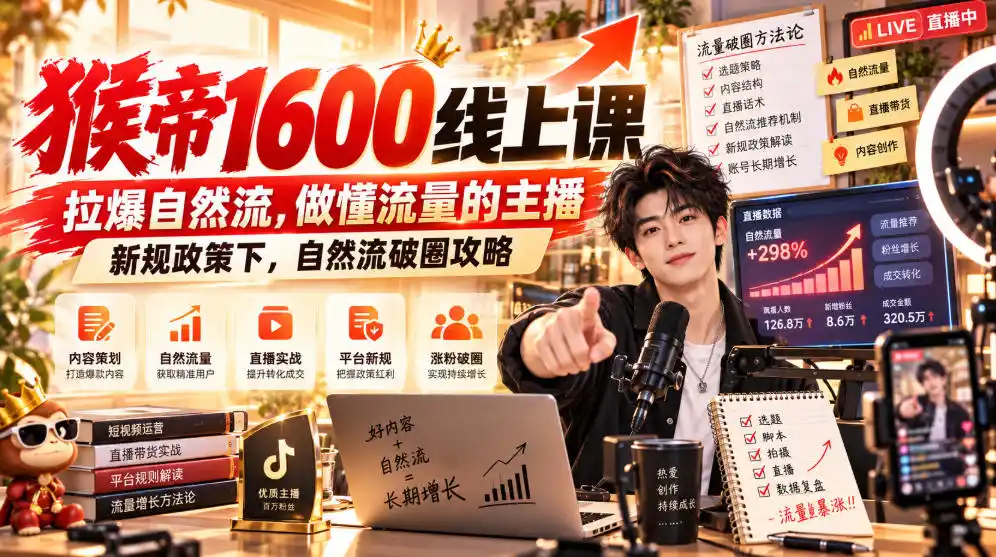 猴帝1600线上课，拉爆自然流，做懂流量的主播，新规政策下，自然流破圈攻略【更新261017】
