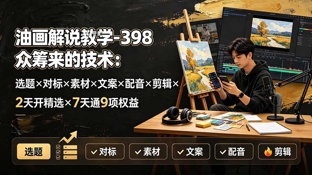 油画解说教学-398众筹来的技术:选题×对标×素材×文案×配音×剪辑×2天开精选×7天通9项权益