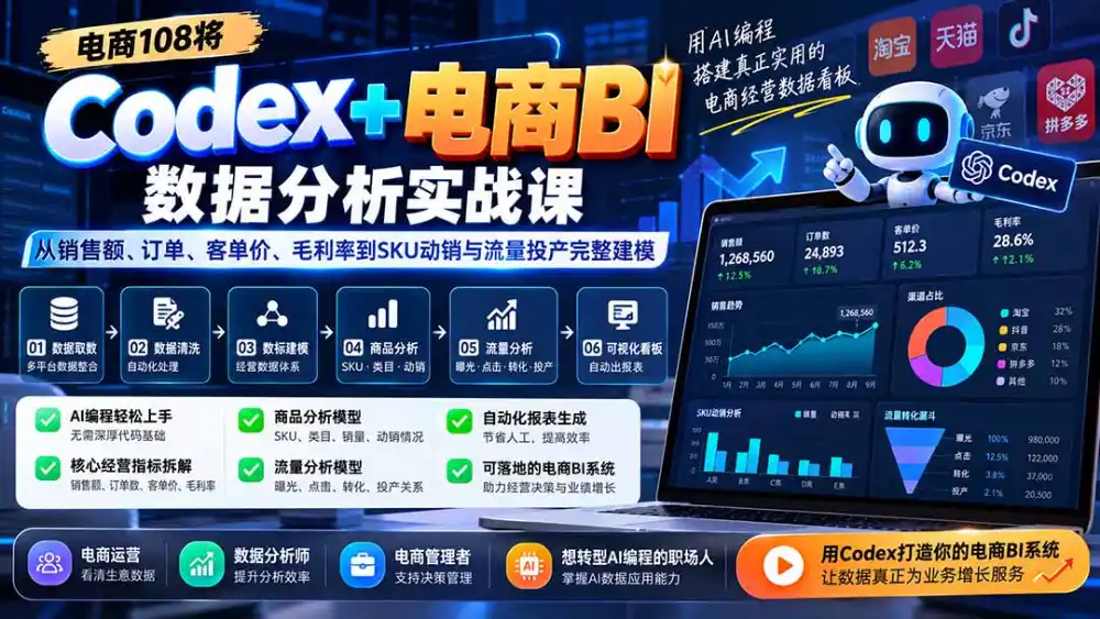 Codex+电商BI数据分析实战课-更新1026:从销售额、订单、客单价、毛利率到SKU动销与流量投产完整建模