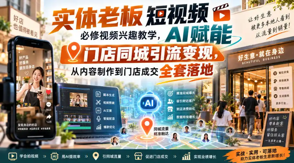 实体老板短视频必修视频兴趣教学，AI赋能门店同城引流变现，AI+短视频+直播打爆实体客流量
