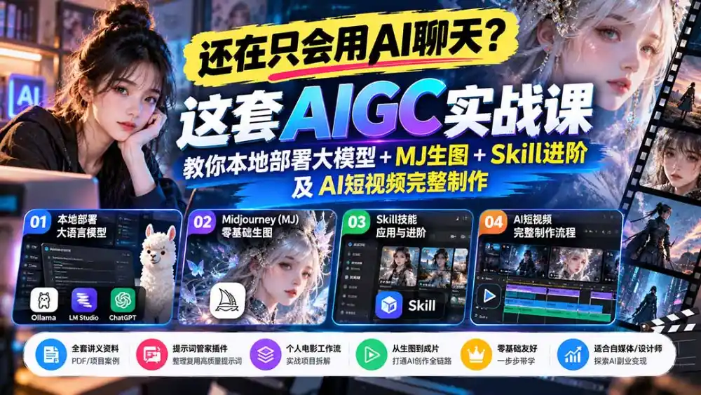 【无水印】还在只会用AI聊天?这套AIGC实战课教你本地部署大模型+MJ生图+Skill进阶及AI短视频完整制作
