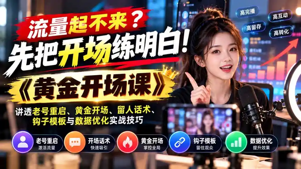 流量起不来?先把开场练明白!《黄金开场课》讲透老号重启、黄金开场、留人话术、钩子模板与数据优化实战技巧