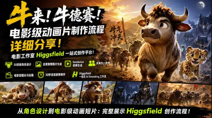 牛来！牛德赛！电影级动画片制作流程详细分享！电影工作室Higgsfield一站式创作平台，完整创作流程