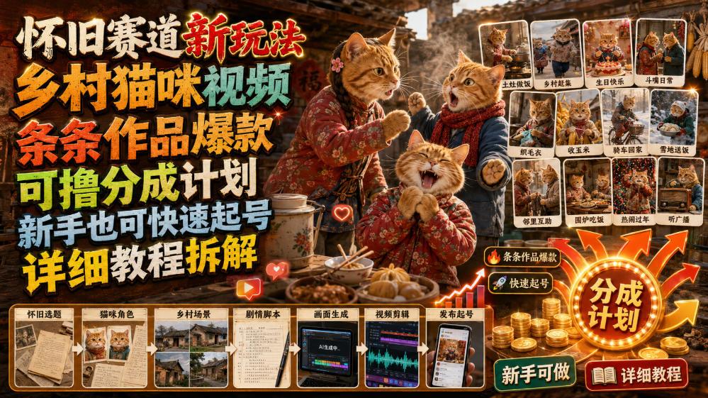 怀旧赛道新玩法,乡村猫咪视频,条条作品爆款,可撸分成计划,新手也可快速起号,详细教程拆解