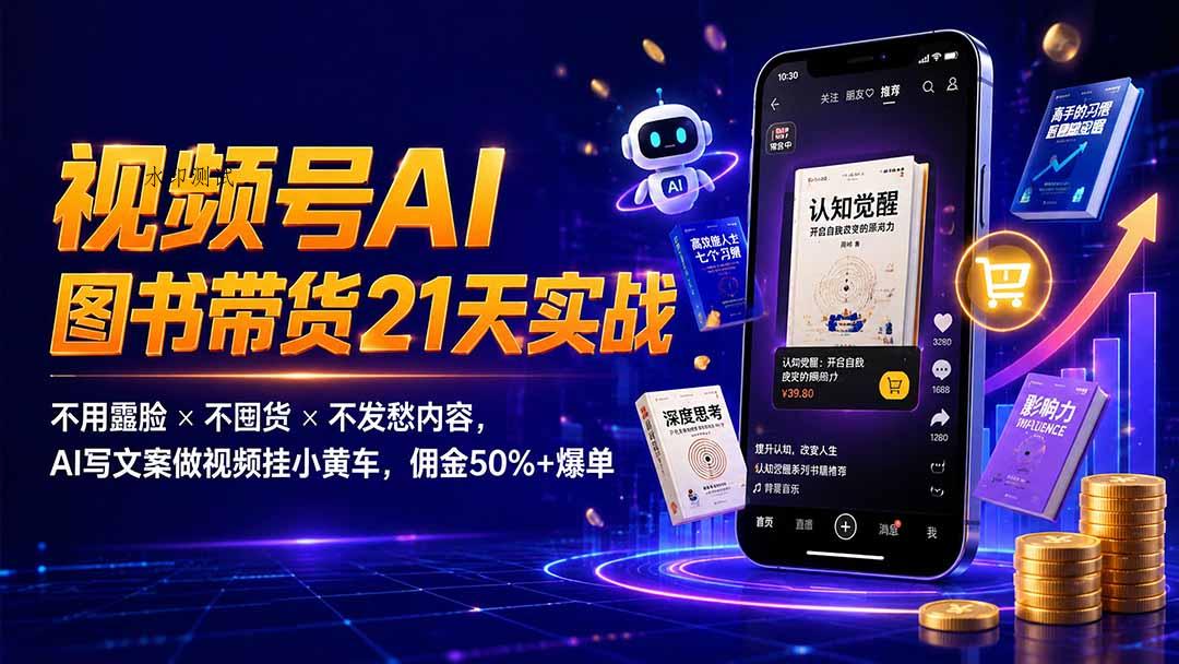 繁花视频号AI图书带货21天实战：不用露脸×不囤货×不发愁内容，AI写文案做视频挂小黄车，佣金50%+爆单