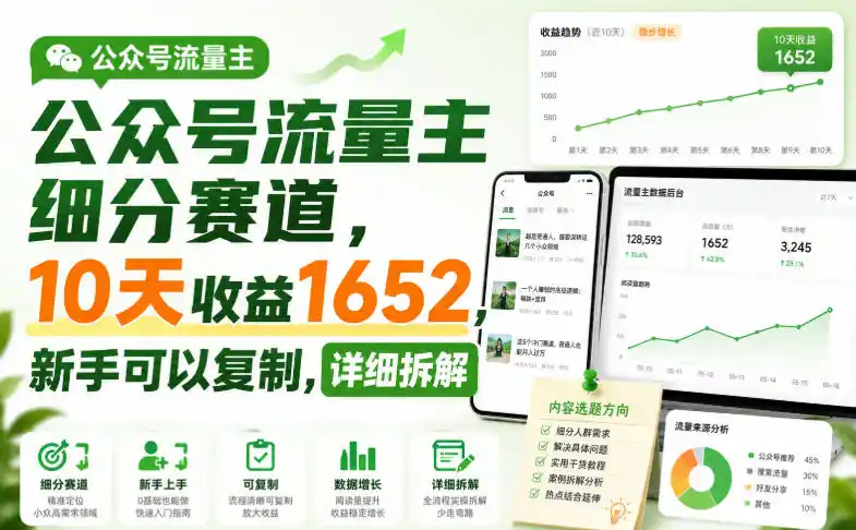 公众号流量主细分赛道，10天收益1652，新手可以复制，详细拆解
