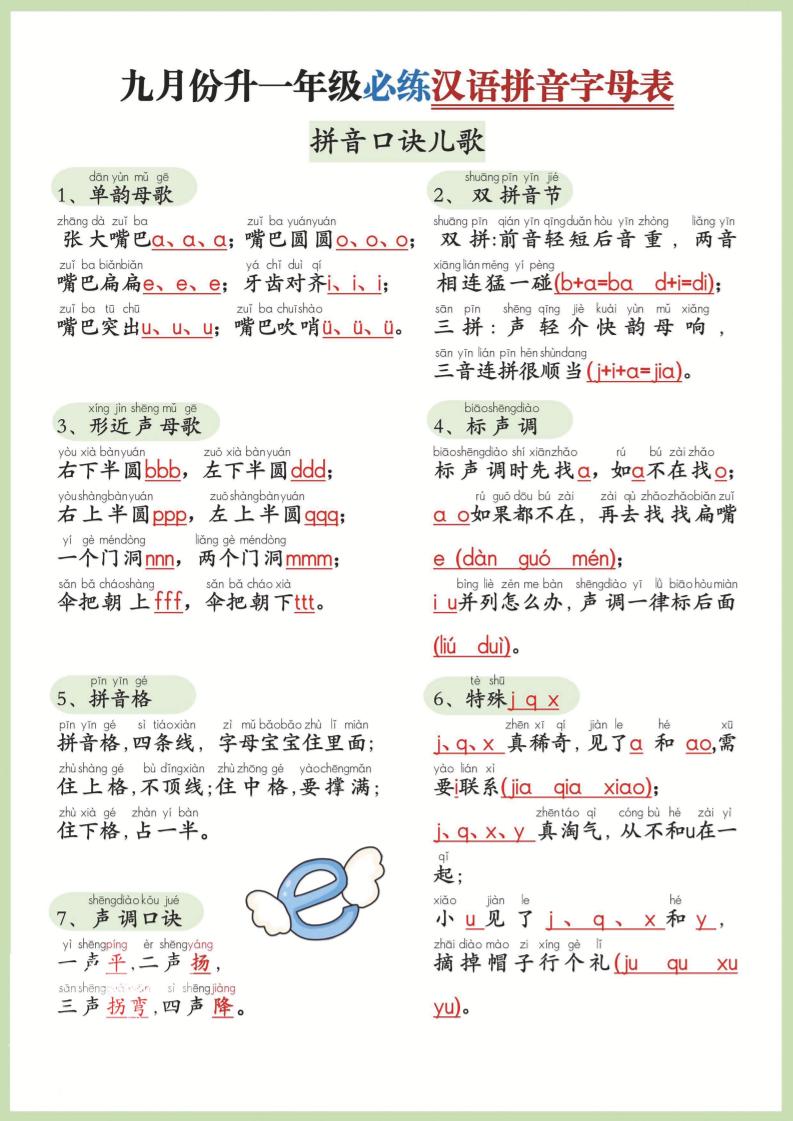 幼小衔接!语文九月份升一年级必练汉语拼音-声母