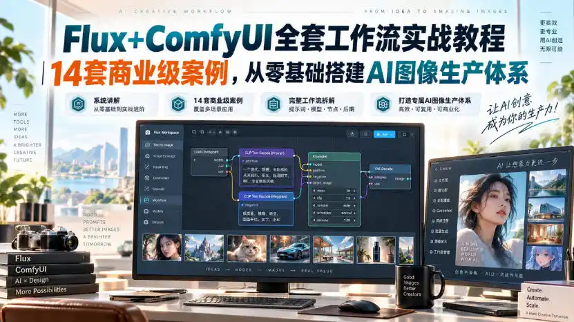 Flux+ComfyUI全套工作流实战教程|14套商业级案例,从零基础搭建AI图像生产体系
