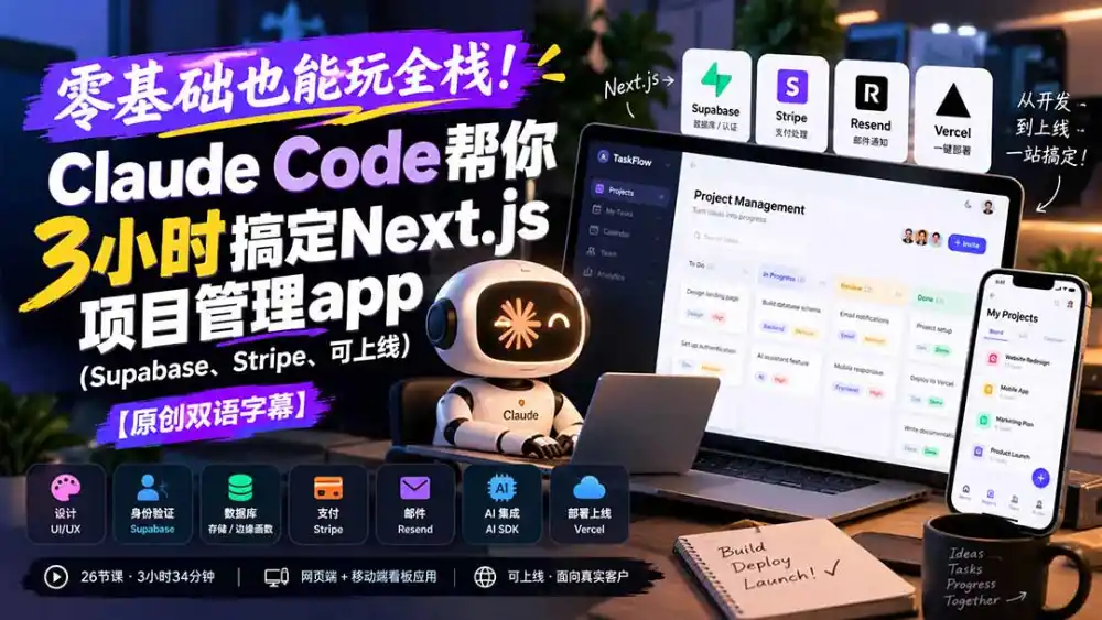 零基础也能玩全栈!Claude Code帮你3小时搞定Next.js项目管理app(Supabase、Stripe、可上线