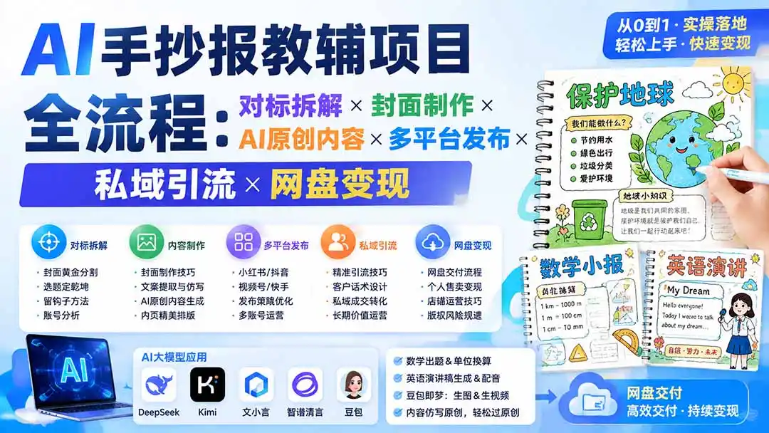 AI手抄报教辅项目全流程:对标拆解×封面制作×AI原创内容×多平台发布×私域引流×网盘变现