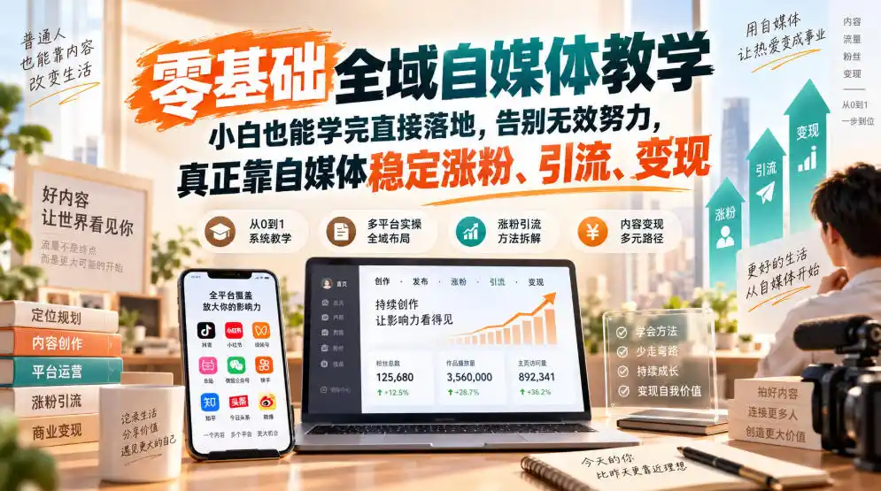 零基础全域自媒体教学，小白也能学完直接落地，告别无效努力，真正靠自媒体稳定涨粉、引流、变现