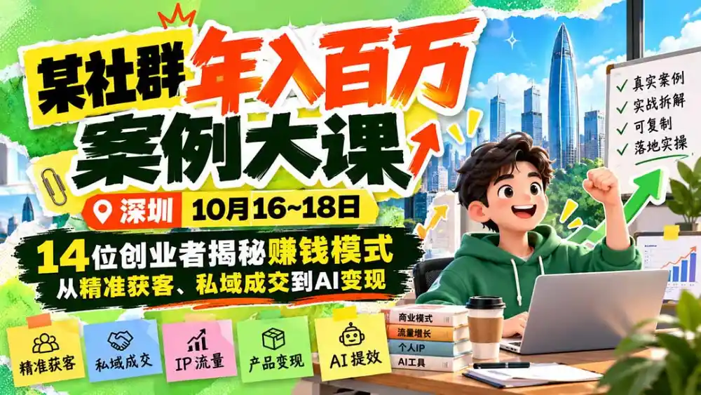 某社群年入百万案例大课-深圳10月16~18日:14位创业者揭秘赚钱模式,从精准获客、私域成交到AI变现