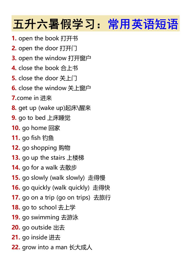 五升六暑假学习:常用英语短语-六上英语