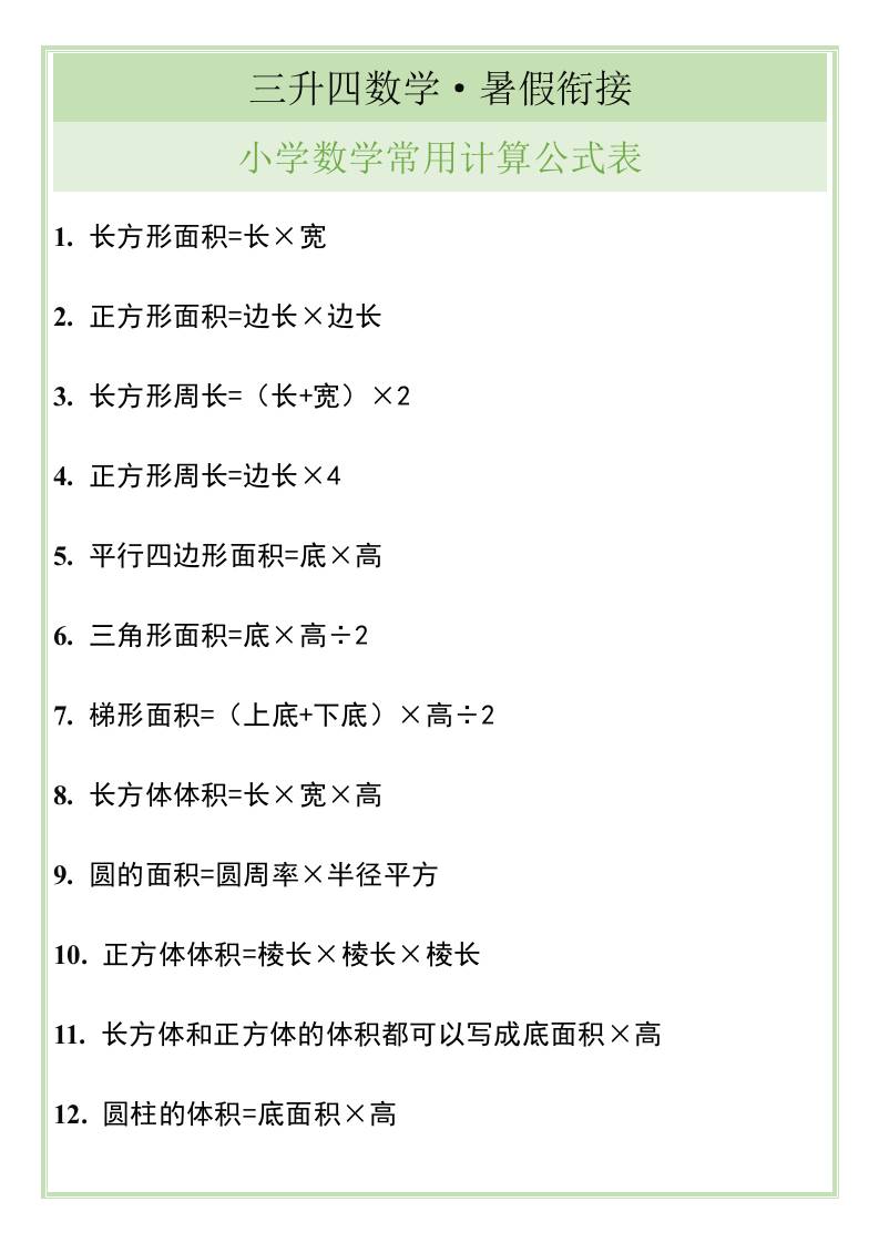 三升四暑假衔接,小学数学常用计算公式表-四上数学