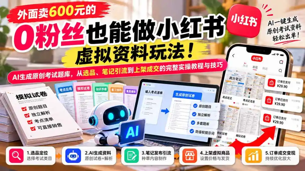 外面卖600元的 零粉丝也能做小红书虚拟资料玩法!AI生成原创考试题库,从选品、笔记引流到上架成交的完整实操教程