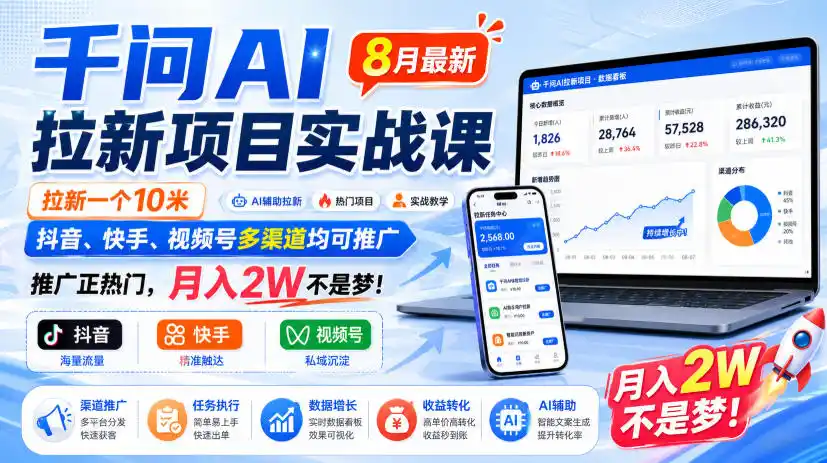 千问AI拉新项目实战课8月最新,拉新一个10米,抖音、快手、视频号多渠道均可推广,推广正热门,月入2W不是梦!