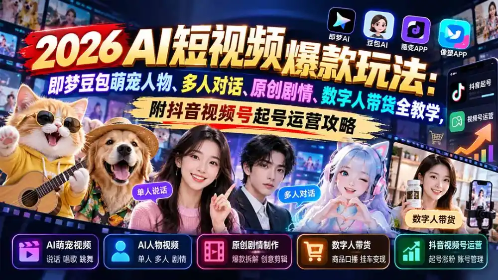 2026AI短视频爆款玩法：即梦豆包萌宠人物、多人对话、原创剧情、数字人带货全教学，附抖音视频号起号运营攻略