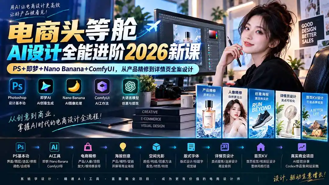 电商头等舱AI设计全能进阶2026新课:PS+即梦+Nano Banana+ComfyUI,从产品精修到详情页全案设计