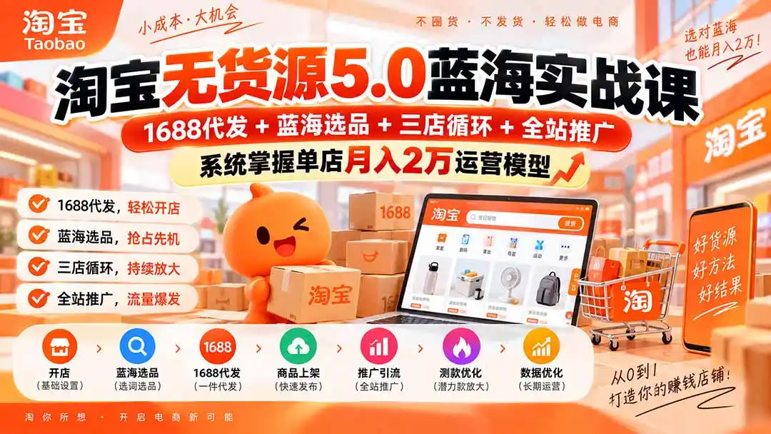 淘宝无货源5.0蓝海实战课-更新:1688代发+蓝海选品+三店循环+全站推广,系统掌握单店月入2万运营模型