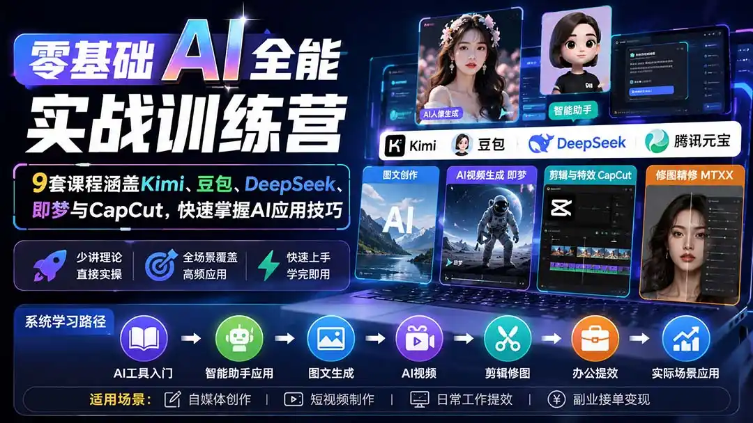 零基础AI全能实战训练营：9套课程涵盖Kimi、豆包、DeepSeek、即梦与CapCut，快速掌握AI应用技巧