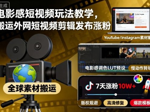 电影感短视频玩法教学,搬运外网短视频剪辑发布涨粉