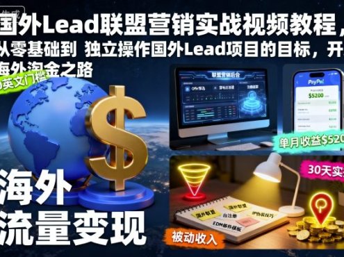 国外Lead联盟营销实战视频教程,从零基础到独立操作国外Lead项目的目标,开启海外淘金之路