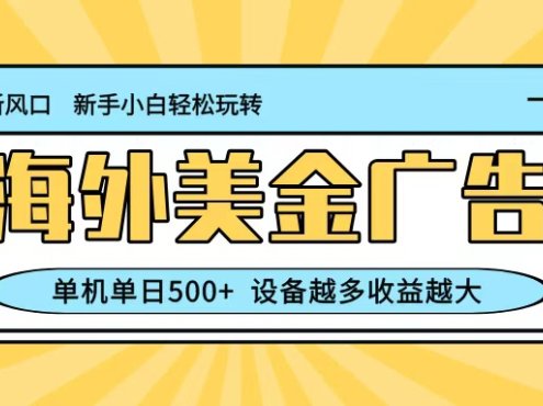 最新蓝海项目，海外美金广告，单机单日500+，可矩阵放大，设备越多收益越大