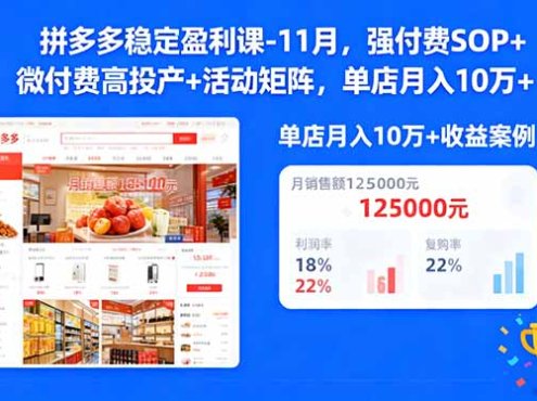 拼多多稳定盈利课-11月，强付费SOP+微付费高投产+活动矩阵，单店月入10万+