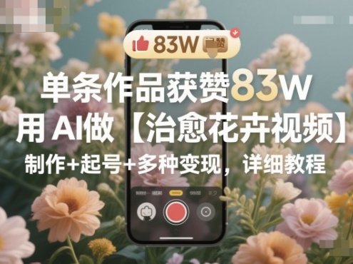 单条作品获赞83W，用AI做【治愈花卉视频】，制作+起号+多种变现，详细教程