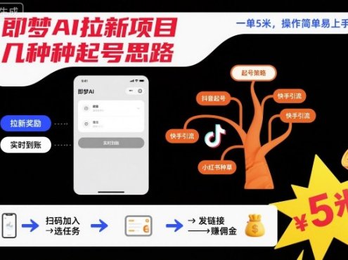 即梦AI拉新项目几种起号思路,一单5米,操作简单易上手
