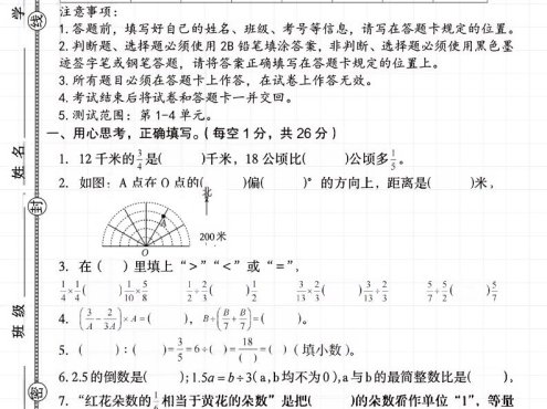 六上《数学期中素养测评卷》人教