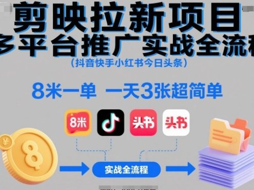 剪映拉新项目多平台推广实战全流程(抖音快手小红书今日头条),8米一单,一天3张超简单