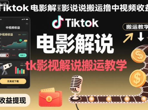 Tiktok电影解说搬运撸中视频收益,tk影视解说搬运教学