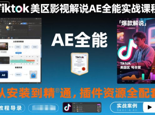 Tiktok美区影视解说AE全能实战课程:从安装到精通,插件资源全配套,TK影视解说必学
