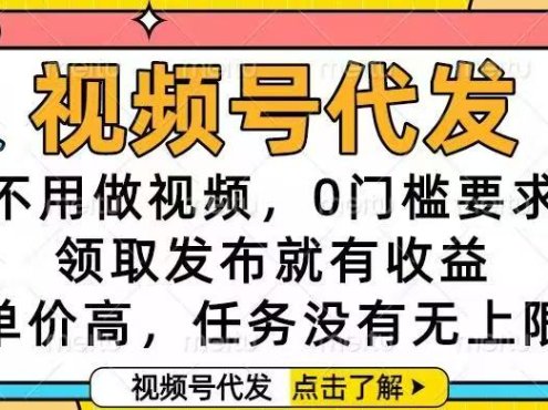 视频号代发，不用做视频，0门槛要求，领取发布就有收益，单价高，任务…