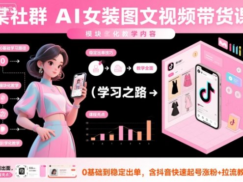 某社群AI女装图文视频带货课，教学全面，0基础到稳定出单，含抖音快速起号涨粉+拉流教学